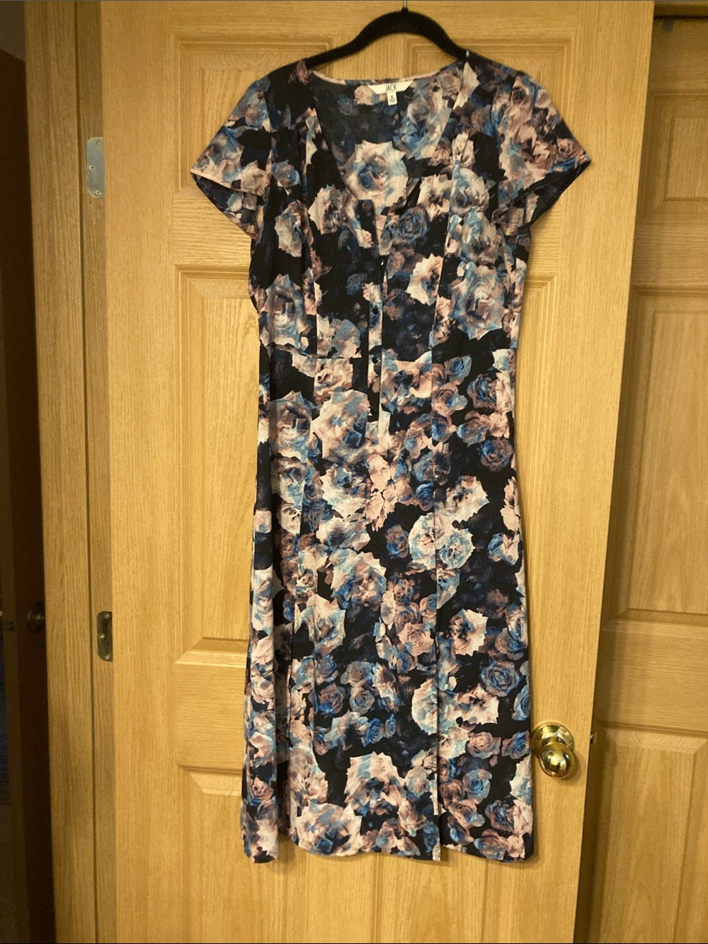 Jack by BB Dakota Navy Floral Midi Dress with Pale Pink and Light Blue Blooms